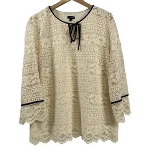 Talbots Womens Layered Lace Velvet Trim Keyhole Ruffle Blouse sz XL Ivory Classy